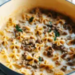Cheesy Beef And Bowtie Pasta In Garlic Butter