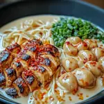 Fiery Chicken Ramen with Creamy Garlic Sauce