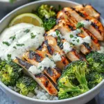 Grilled Chicken & Broccoli Bowls with Creamy Garlic Sauce