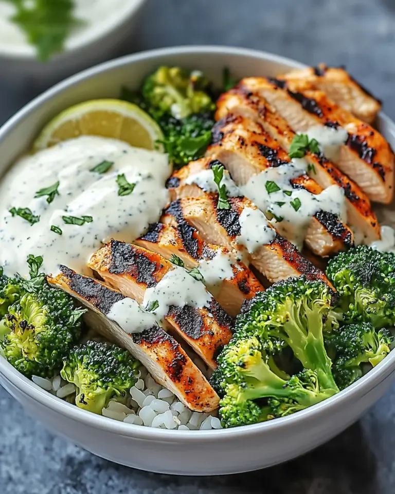 Grilled Chicken & Broccoli Bowls with Creamy Garlic Sauce