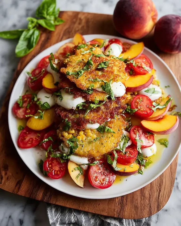 Corn Fritter Caprese with Peaches and Tomatoes
