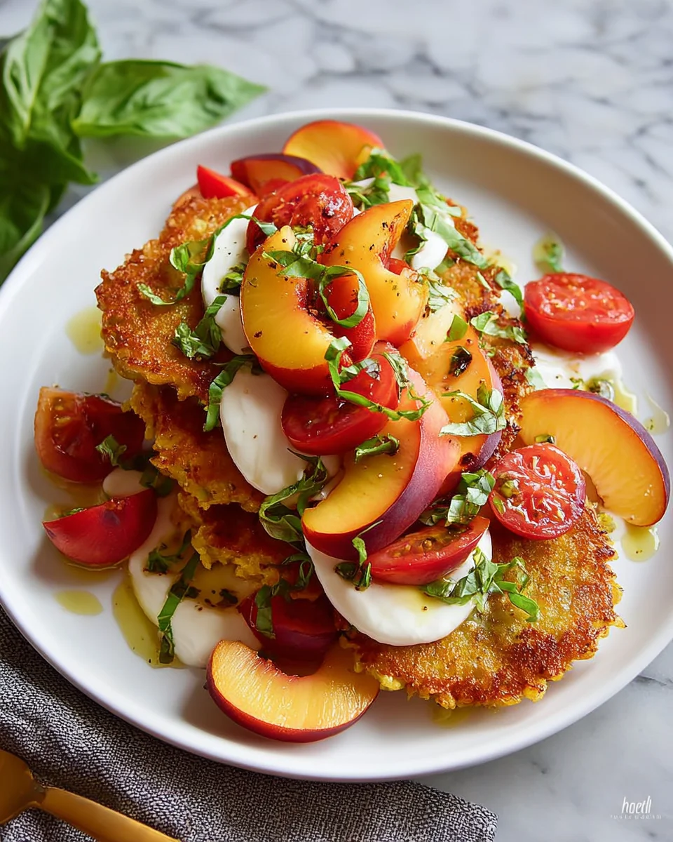 Corn Fritter Caprese with Peaches and Tomatoes Corn