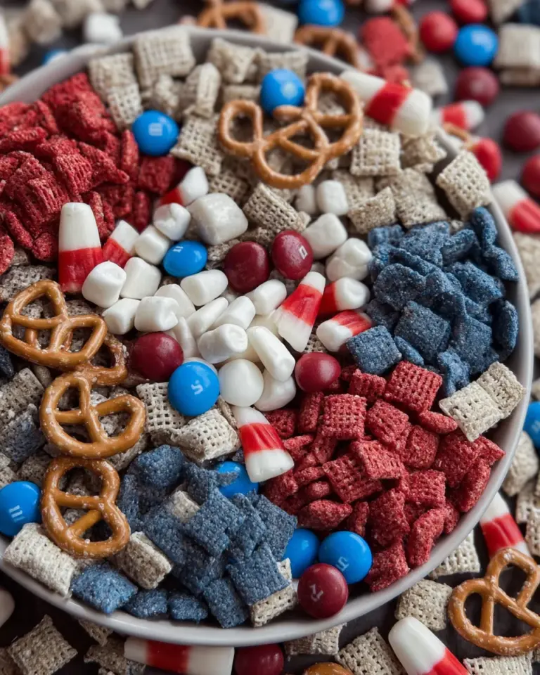 Red, white, and blue snack mix