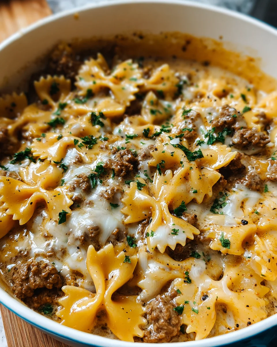 Cheesy Beef and Bowtie Pasta in Garlic Butter