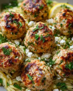Greek Chicken Meatballs with Lemon Orzo