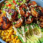 Grilled Shrimp Bowl with Avocado, Corn Salsa & Creamy Garlic Sauce