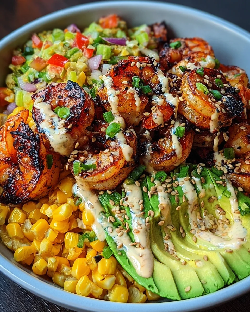 Grilled Shrimp Bowl with Avocado, Corn Salsa & Creamy Garlic Sauce