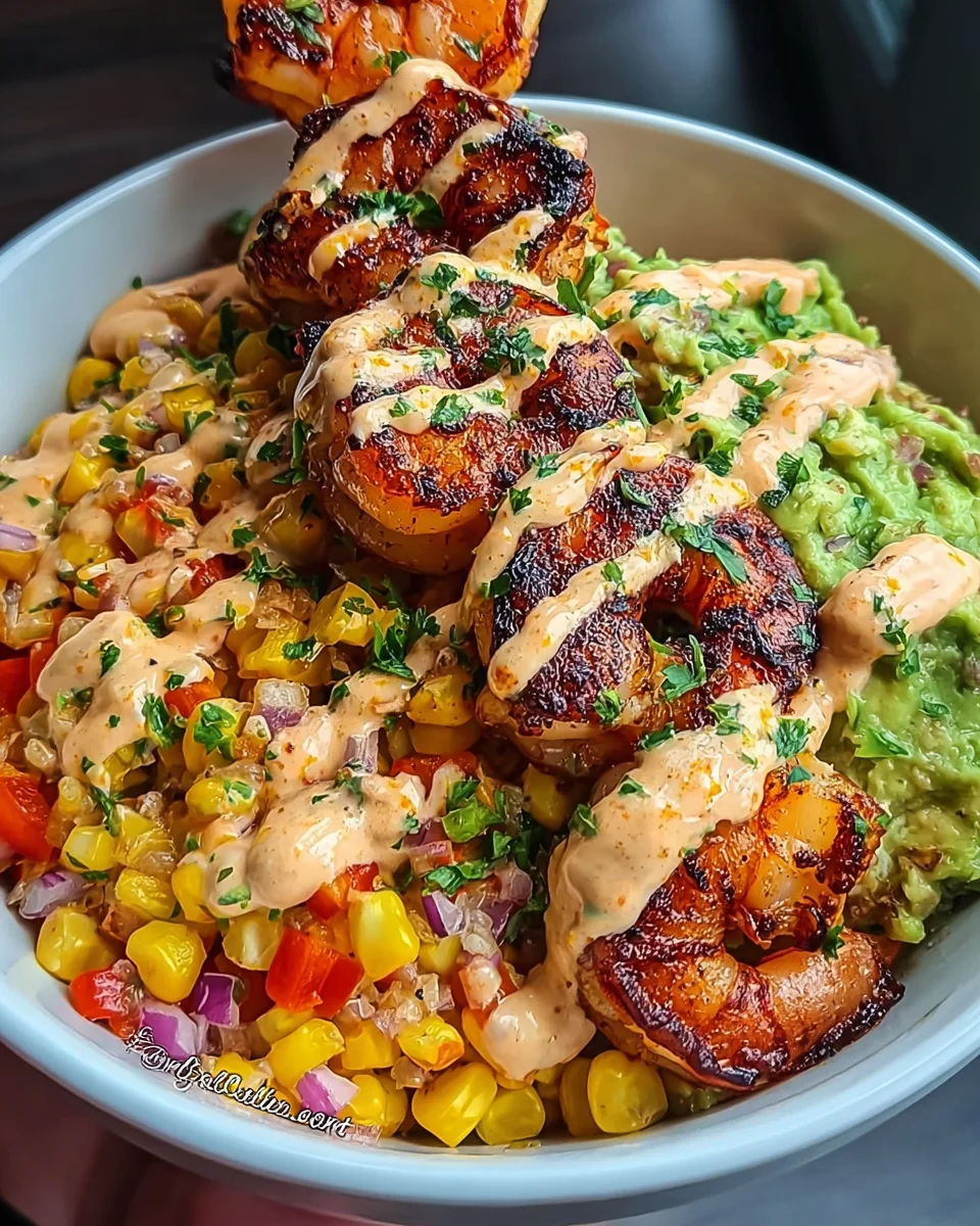 Grilled Shrimp Bowl with Avocado, Corn Salsa & Creamy Sauce Grilled Shrimp Bowl with Avocado, Corn Salsa & Creamy Sauce