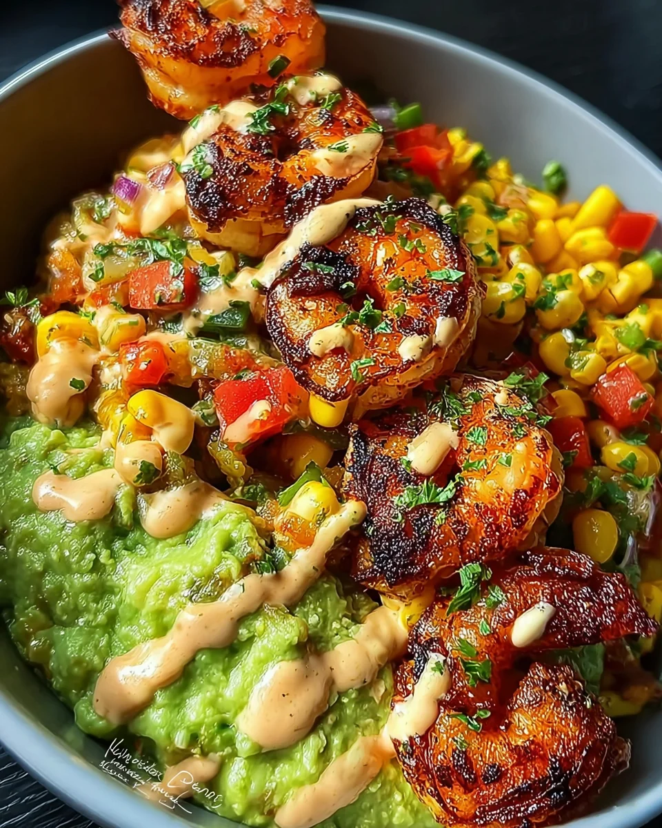 Grilled Shrimp Bowl with Avocado, Corn Salsa & Creamy Sauce Grilled