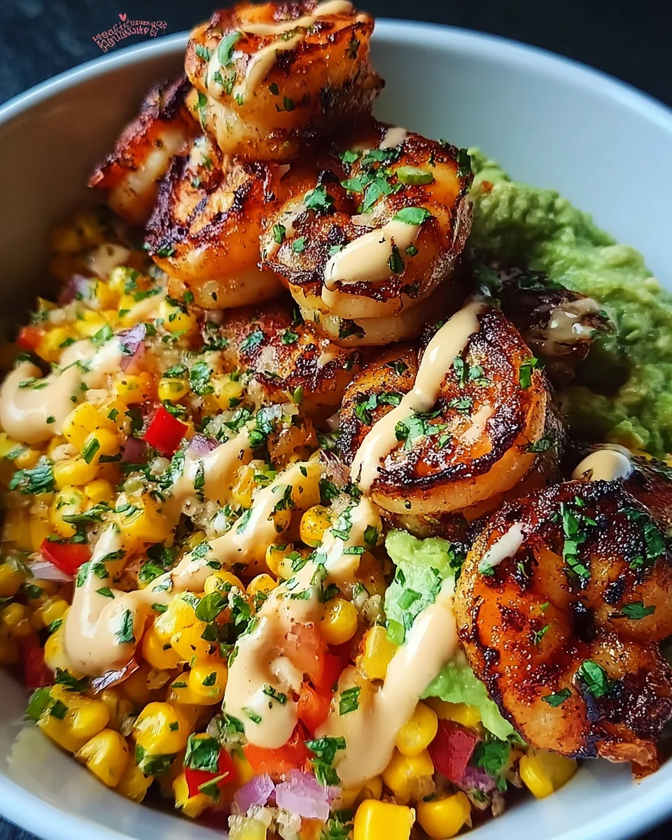 Grilled Shrimp Bowl with Avocado, Corn Salsa & Creamy Sauce Grilled