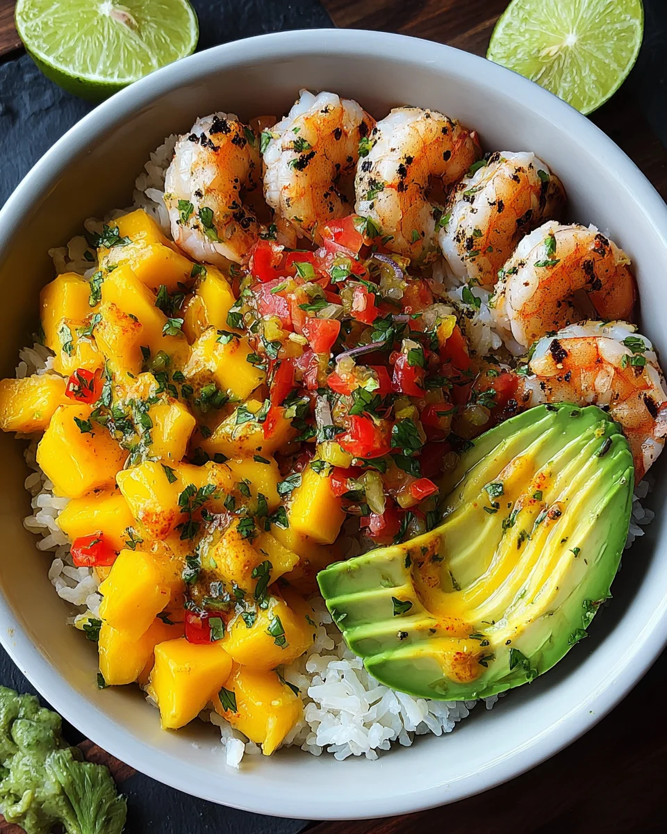 Shrimp and Avocado Bowls with Mango Salsa & Lime-Chili Sauce
