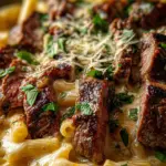 Steak and Creamy Garlic Parmesan Pasta