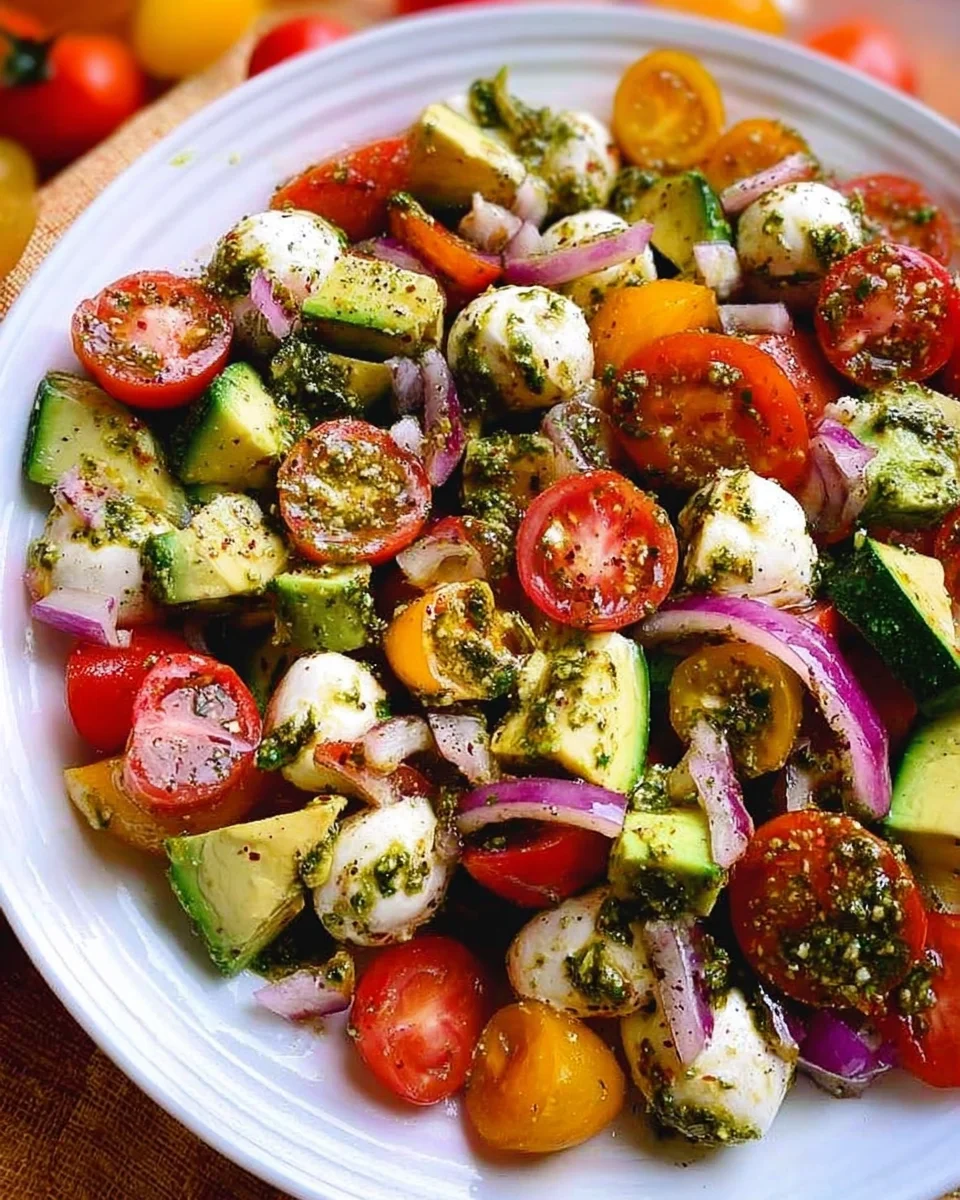 Tomato Cucumber Avocado Salad with Mozzarella and Basil Pesto