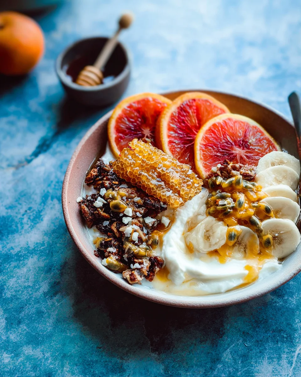 Winter Citrus Ricotta Breakfast Bowl with Honeycomb.